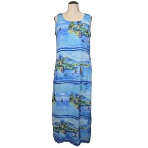 Tacera Sail Boat Island Blue Green Sleeveless Dress S